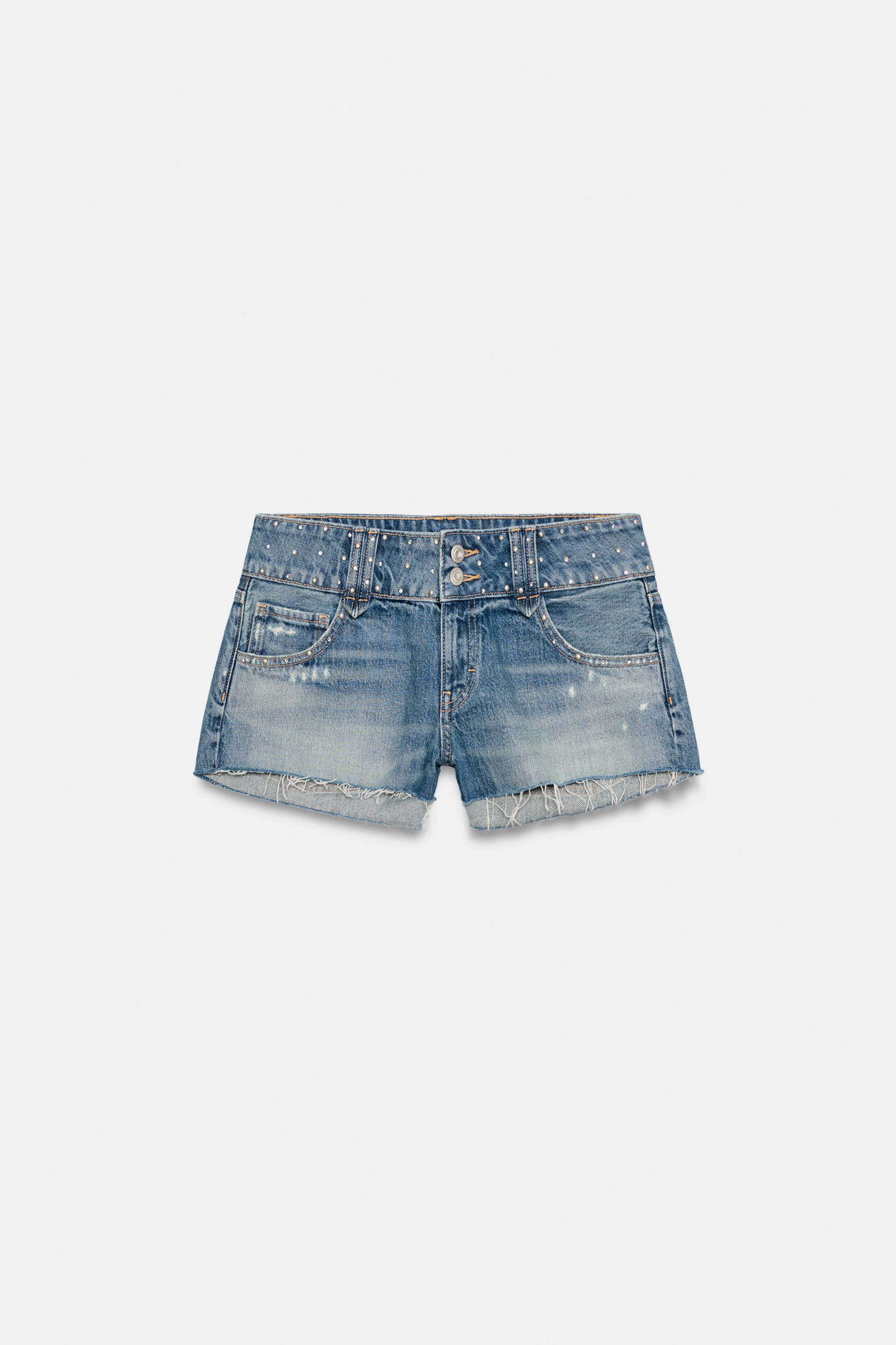 STUDDED TRF MINI DENIM SHORTS